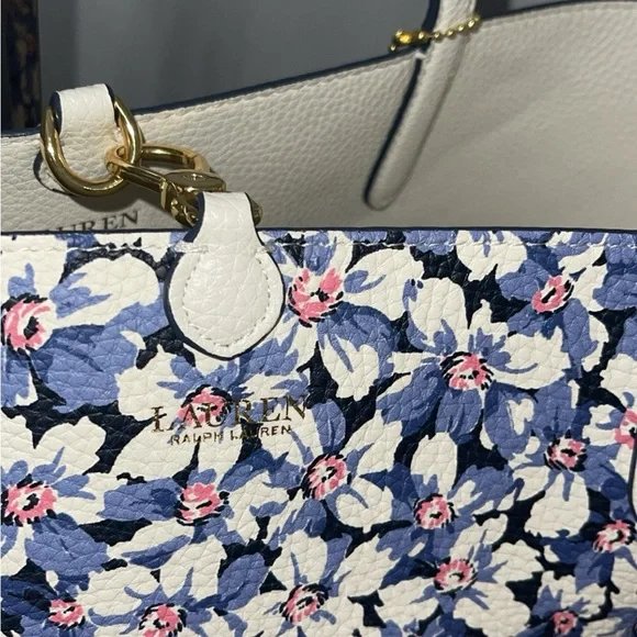 LAUREN RALPH LAUREN Bag Leather Print Tote Purple Vanilla/Breeze Floral w Pouch - Picture 3 of 14